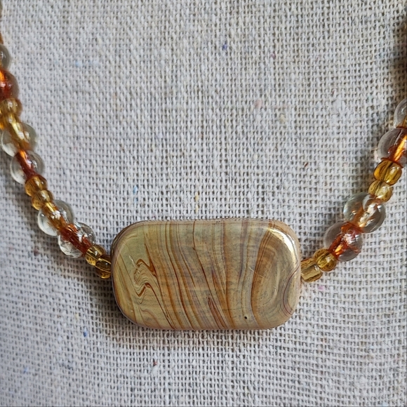 Round Beaded Seed Bead Honey Color Variegated Ceramic Stone Necklace - Picture 4 of 10
